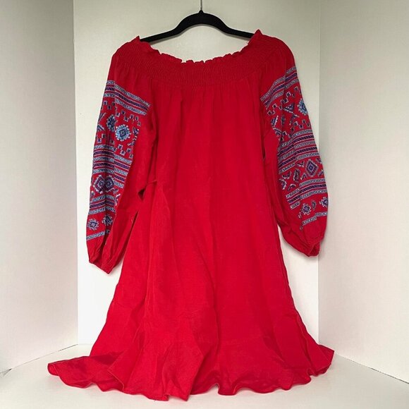 Anthropologie Ranna Gill Off Shoulder Dress Small Red Embroidered Peasant Cotton - Picture 4 of 11